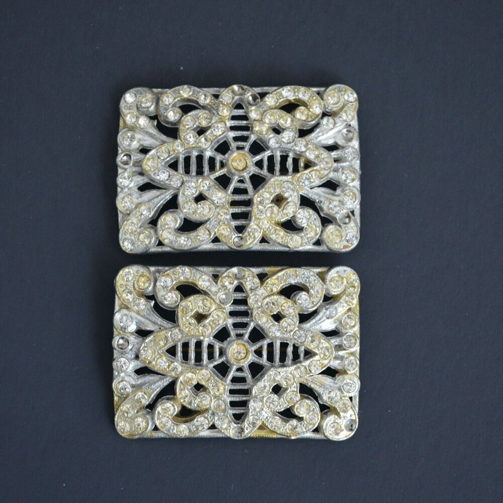 Pair Vintage Silver Rectangular Brooch Brooches Cz - image 1